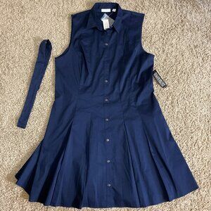 NWT NY & Co Sleeveless Button Up Pleated A-Line Belted Shirt Dress, Navy, XL P